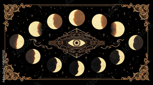 Ornate occult emblem featuring an all-seeing eye amidst lunar phases and baroque filigree design