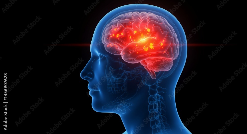 Obraz premium Translucent Human Head Profile with Glowing Brain Activity in Cool Blue Shades Detailed Medical Illustration