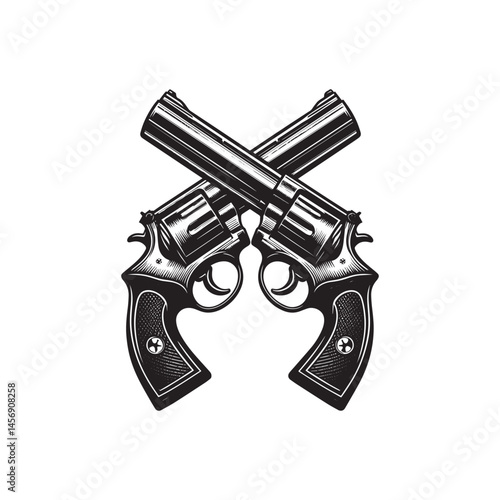Black and white Crossed Pistols revolvers Guns vector illustration isolated on a white background