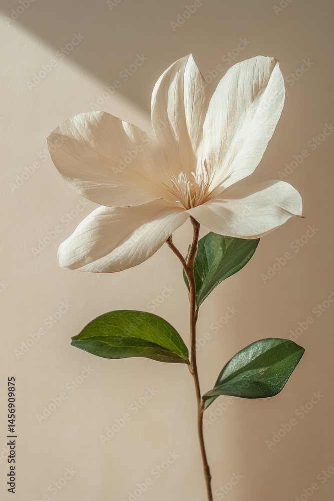 Magnolia flower with delicate white petals and vibrant green leaves, illuminated by soft sunlight, creating a serene and elegant botanical composition Magnolia flower with delicate white petals and vibrant green leaves, illuminated by soft sunlight, creating a serene and elegant botanical composition