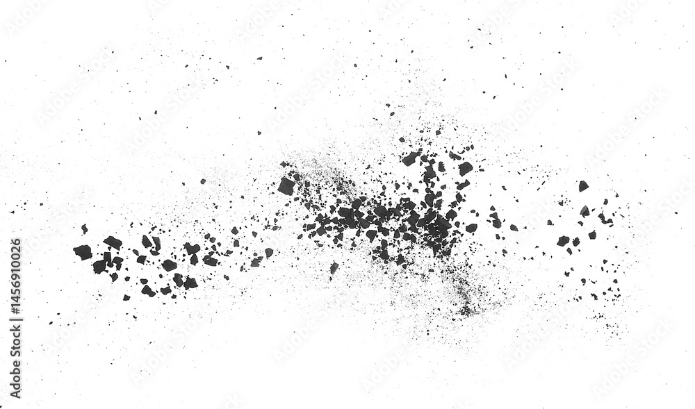 Black coal dust with fragments isolated on a white background, top view. Coal dust with effect fragments explosion. Charcoal particles. Black coal dust with fragments isolated on a white background, top view. Coal dust with effect fragments explosion. Charcoal particles.