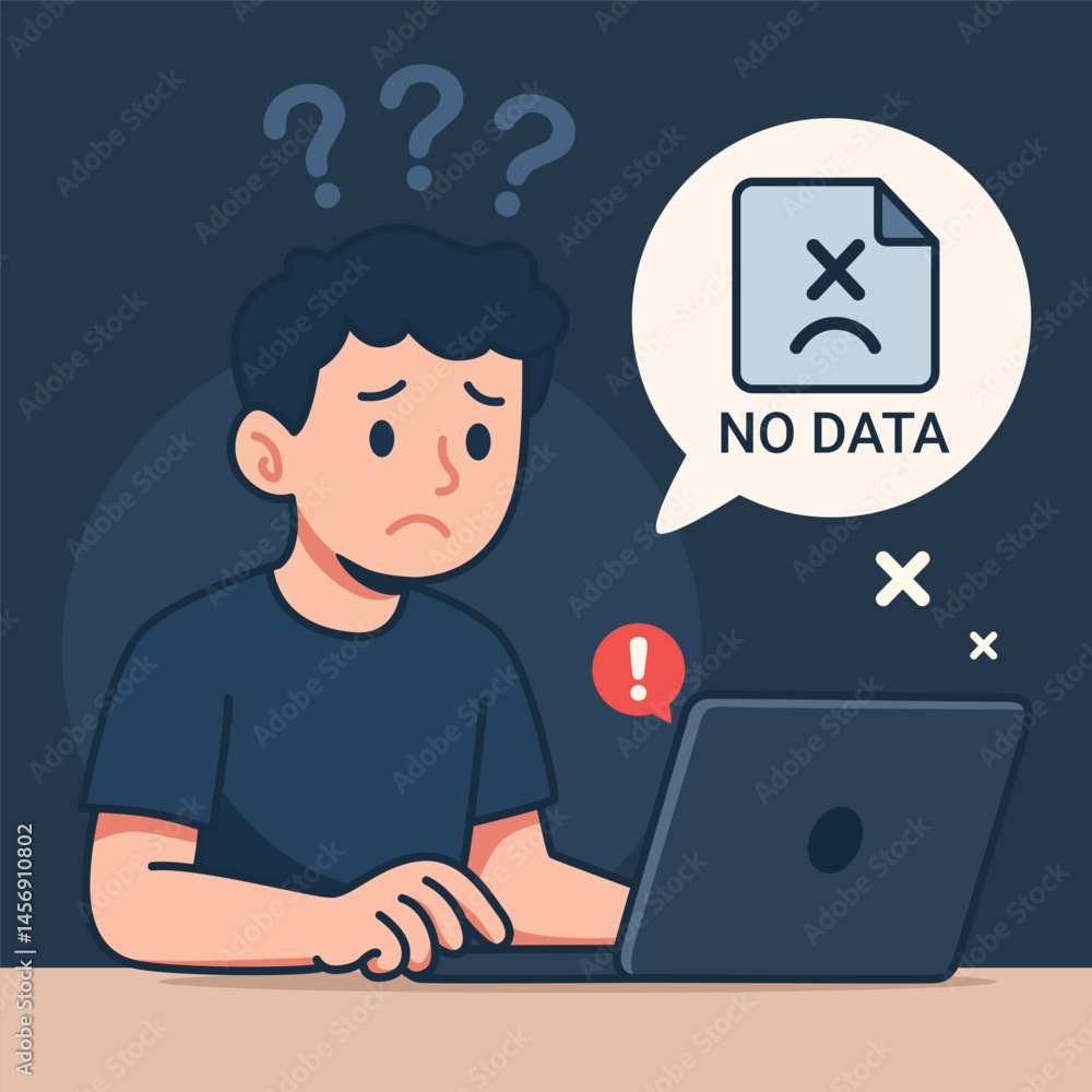 No data vector illustration, error message on laptop with confused man and system failure warning symbol No data vector illustration, error message on laptop with confused man and system failure warning symbol
