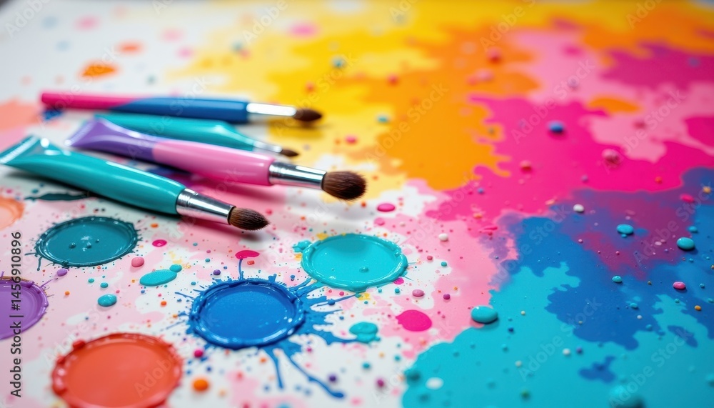 Obraz premium Colorful paint splatters with three paintbrushes resting on a vibrant, artistic canvas.