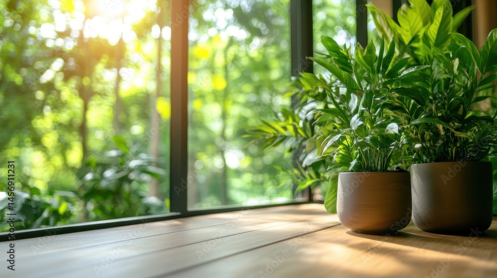 A modern arrangement of pots filled with vibrant plants positioned by a large window, showcasing the beauty of natural light and promoting a peaceful, refreshing indoor environment. A modern arrangement of pots filled with vibrant plants positioned by a large window, showcasing the beauty of natural light and promoting a peaceful, refreshing indoor environment.