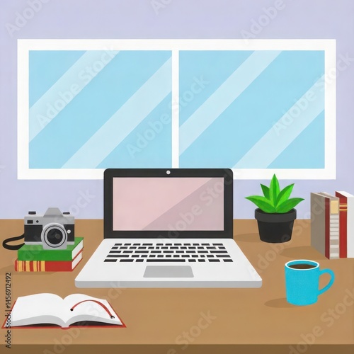 Laptop with Coffee Cup and Book on Desk in Cozy Workspace