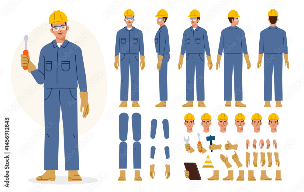 © Irina Strelnikova - Technician worker wearing helmet, overall uniform, protective goggles. Character constructor for animation. Front, side and back view set. Body parts, postures, poses collection. Vector illustration. © Irina Strelnikova - Technician worker wearing helmet, overall uniform, protective goggles. Character constructor for animation. Front, side and back view set. Body parts, postures, poses collection. Vector illustration.