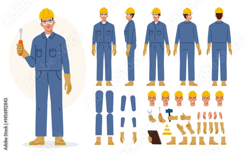 Technician worker wearing helmet, overall uniform, protective goggles. Character constructor for animation. Front, side and back view set. Body parts, postures, poses collection. Vector illustration.