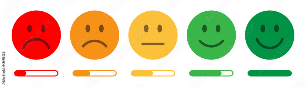 Fototapeta premium Colorful emoticons showing customer satisfaction levels from bad to excellent, with progress bars. Perfect for surveys, reviews, feedback forms, and rating evaluations. Feedback, emoji, icons.