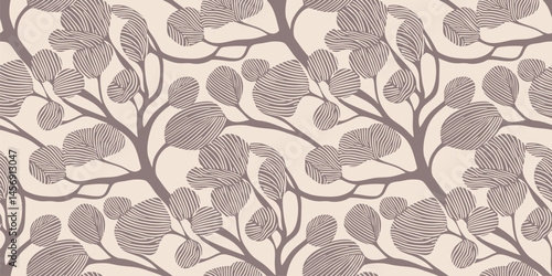 Vector seamless pattern with tree silhouettes, branches, seaweeds. Abstract botanical ornament. Simple linear doodle style background. Brown and beige organic texture. All-over design for decor, print
