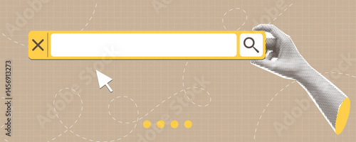 Search bar template for website. Contemporary art collage. Infographics design. Navigation search for web browser. Concept of education, creativity, study, homework, e-learning. Retro style. Poster an