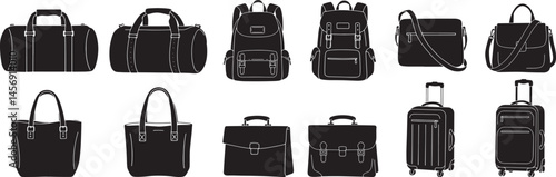Travel bag Silhouette - Duffle, Tote, Backpack, Rolling Suitcase, Briefcase, and Crossbody with White Outlines on White Background.