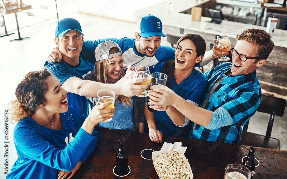 Sports, celebration and group in pub with beer for support of team and winning or success from above. Friends, people or fans at restaurant with drinks, wine or alcohol in toast or cheers of football