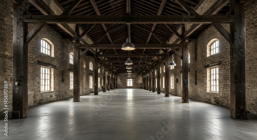 Wallpaper Mural Expansive Warehouse Interior with Stone Walls Wooden Beams and Concrete Floor Under Hanging Lamps Creating Industrial Ambiance Torontodigital.ca