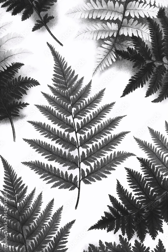 Naklejka premium Detailed black and white illustration of fern leaves creating an artistic pattern on a smooth surface