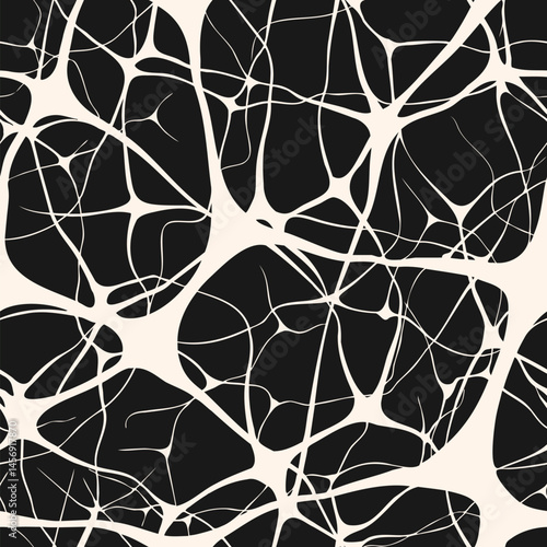 Vector abstract seamless pattern with neurons, brain nerve cells, organic shapes. Simple illustration of neural network, net, bionics. Modern black and white background. Repeat design for print, decor