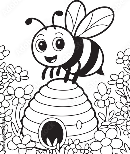 Beautiful cartoon bee coloring page for kids, black line art vector illustration for design elements