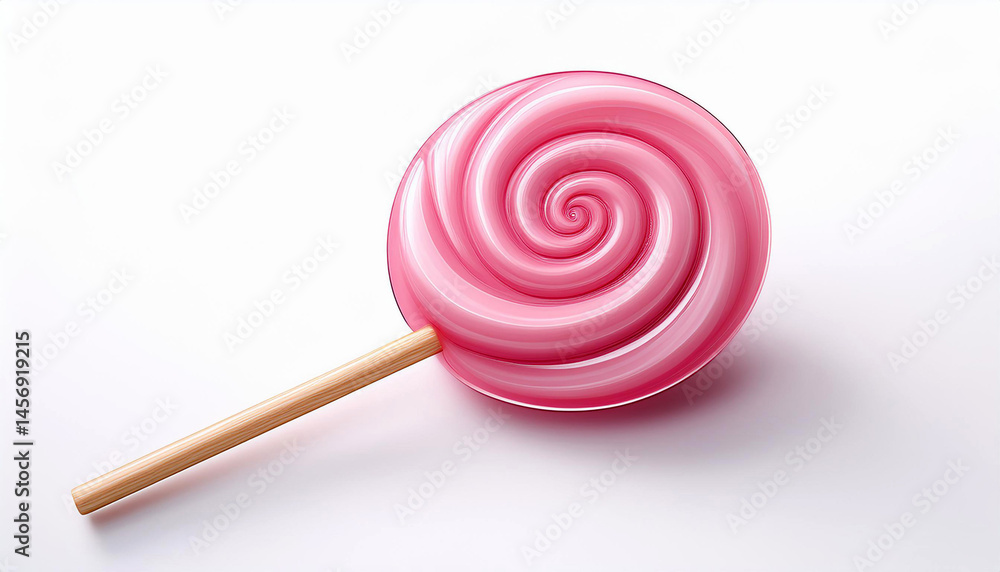 Pink spiral lollipop candy on a wooden stick, close up studio shot Pink spiral lollipop candy on a wooden stick, close up studio shot