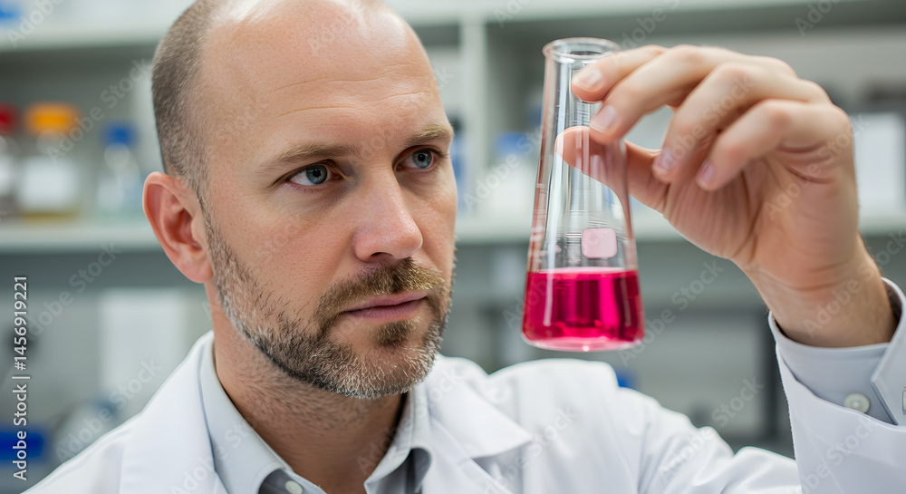Focused Scientist Inspecting Pink Liquid in Conical Flask In Laboratory With Blurred Scientific Equipment Focused Scientist Inspecting Pink Liquid in Conical Flask In Laboratory With Blurred Scientific Equipment