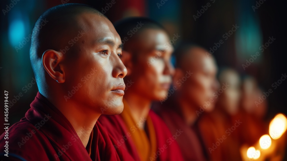 Meditation Monks: A group of serene monks, clad in traditional robes, deep in meditation, bathed in the soft glow of candlelight, creating a moment of deep contemplation and spiritual focus. Meditation Monks: A group of serene monks, clad in traditional robes, deep in meditation, bathed in the soft glow of candlelight, creating a moment of deep contemplation and spiritual focus.