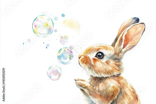 watercolor Bunny blowing soap bubbles in the air on white