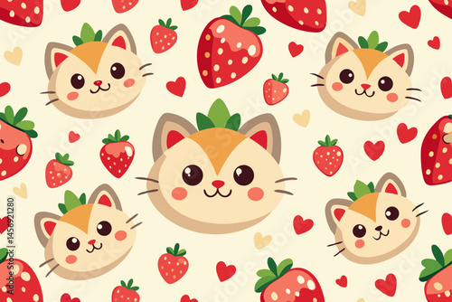 Adorable Kawaii Cat and Strawberry Seamless Pattern