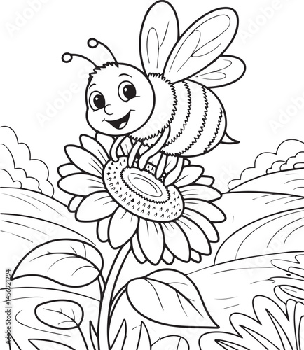 Beautiful cartoon bee with flower coloring page for kids, black line art vector illustration for design elements