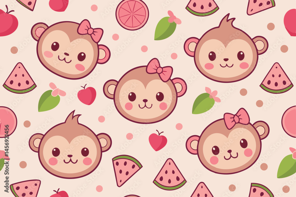 Fototapeta premium Adorable Cartoon Monkeys with Watermelon and Fruits Seamless Pattern