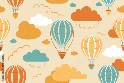 Seamless Pattern Hot Air Balloons Clouds Pastel Colors