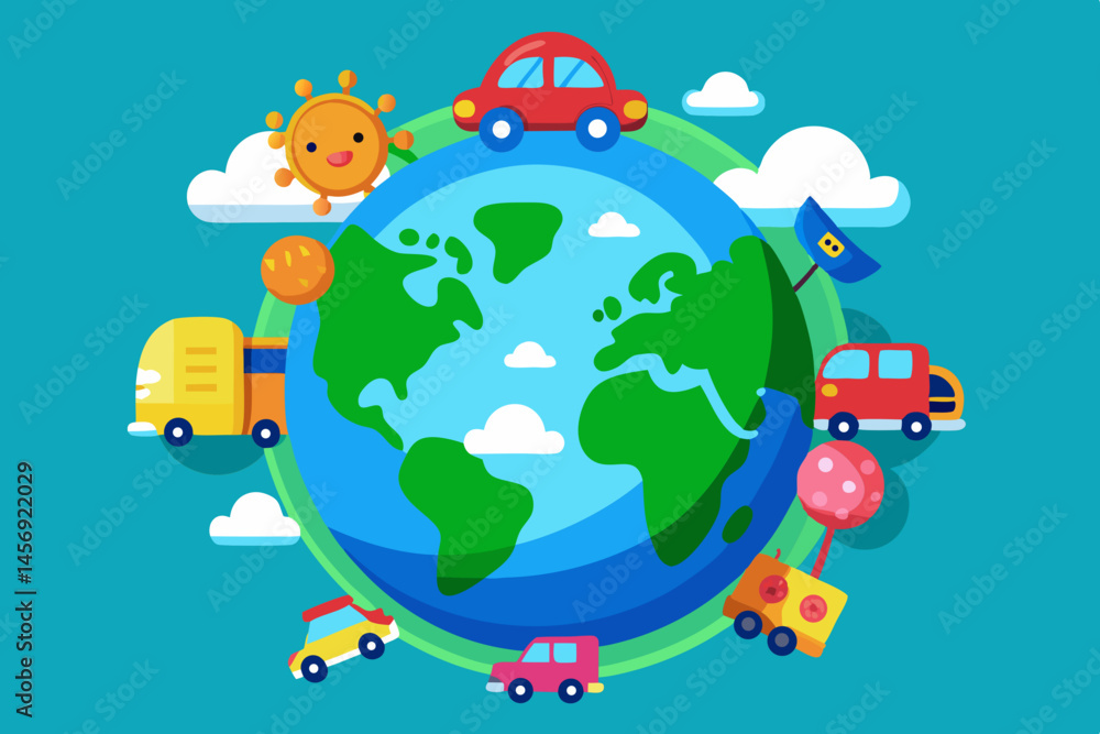 Obraz premium Happy Cartoon Vehicles Traveling Around the World Globe