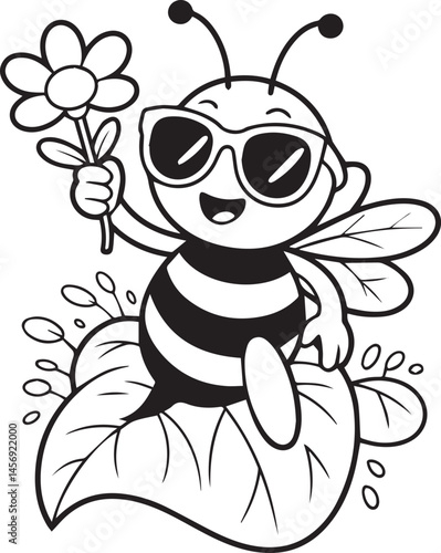 Beautiful cartoon bee wearing sunglass with flower coloring page for kids, black line art vector illustration for design elements