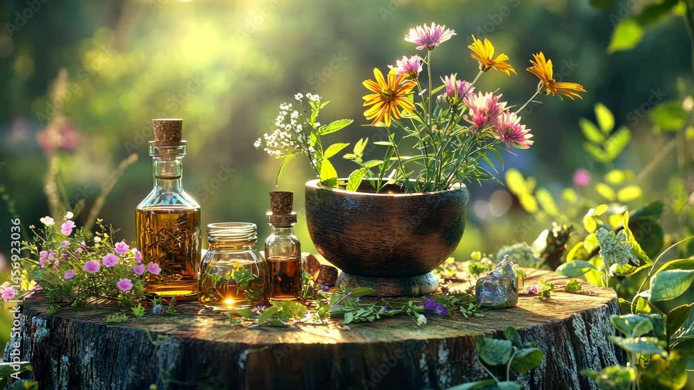 Medicinal herbs and extracts in the meadow. Selective focus. Nature.