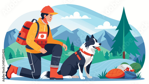 A man is kneeling down next to a dog. The man is wearing a yellow jacket and a red hat. The dog is wearing a blue and white harness. The man is holding the dog's leash
