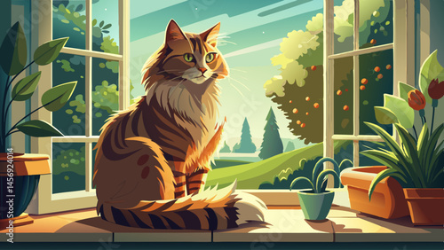 A cat is sitting in a window with a potted plant in front of it. The cat is looking out the window, and the scene has a peaceful and calming mood