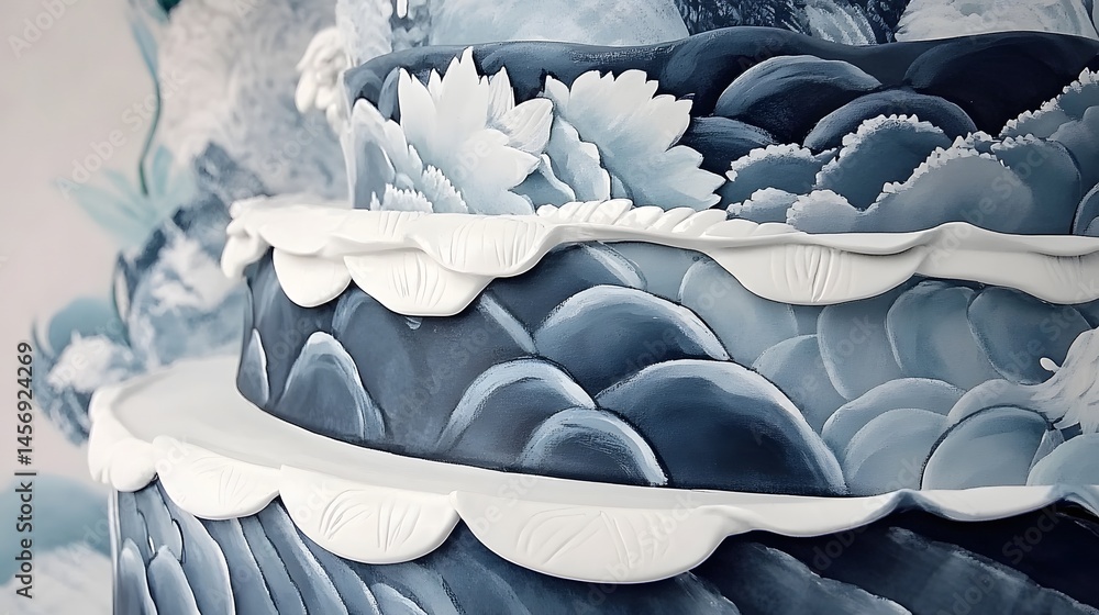 Fototapeta premium Elegant Blue Floral Wedding Cake Detail Closeup