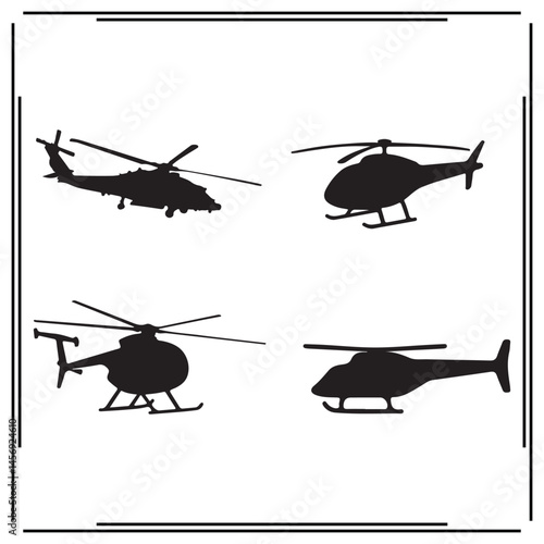 Helicopter Silhouette Vector Set – Military and Civilian Aircraft in Black Icons – Aviation, Transportation, Emergency Rescue, Army Helicopter, Flight, and Air Travel Design.