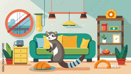 A cartoonish drawing of a living room with a cat walking on a rug. The cat is looking at the camera and he is curious. The room is furnished with a couch, a chair, a potted plant