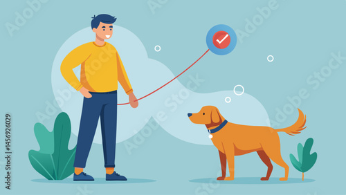 A man is walking a dog on a leash. The leash is attached to a blue and white check mark