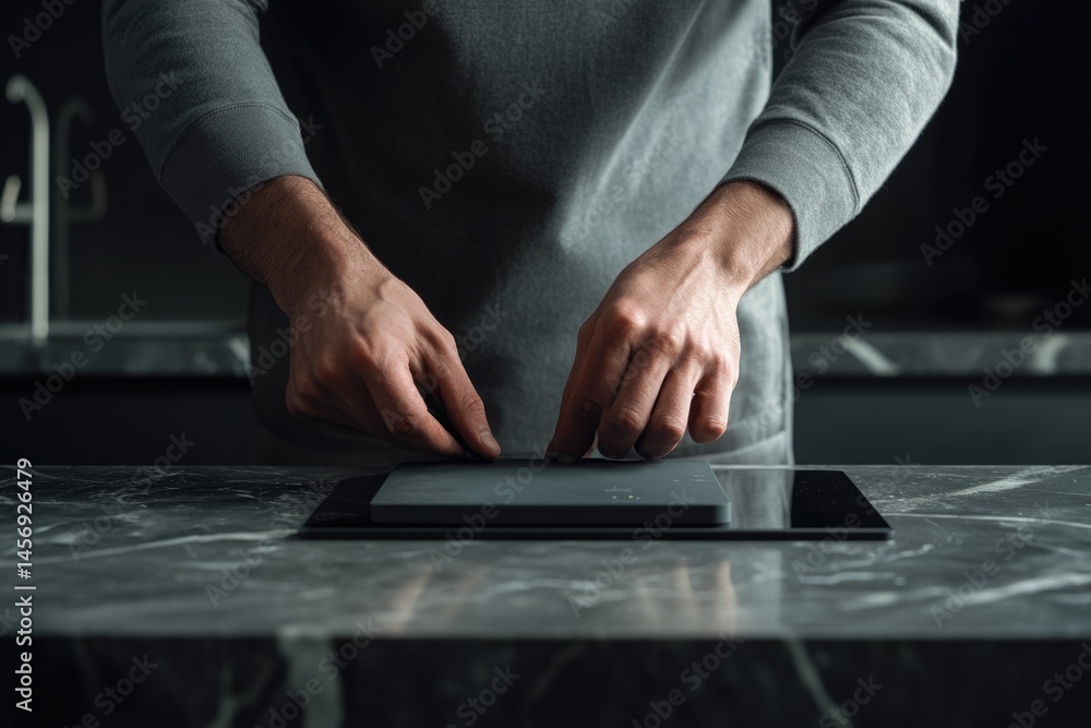 Hands touching a modern kitchen scale on a marble countertop in a dimly lit, stylish kitchen setting. Hands touching a modern kitchen scale on a marble countertop in a dimly lit, stylish kitchen setting.