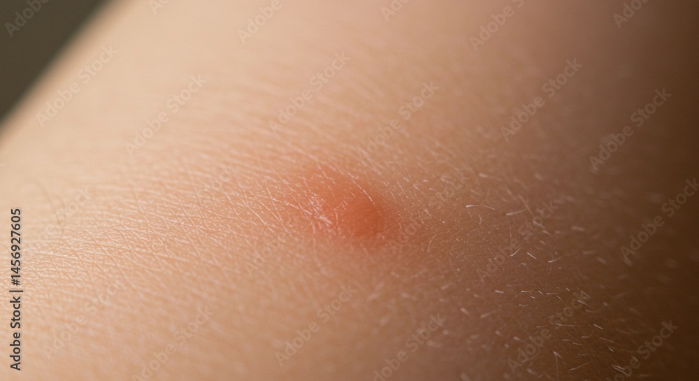 Skin close-up with a small red blemish on a human arm. Insect bite on human skin Skin close-up with a small red blemish on a human arm. Insect bite on human skin