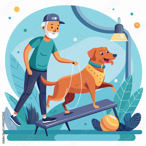 A man is walking his dog on a board. The dog is wearing a yellow bandana. The man is wearing a blue shirt and a hat