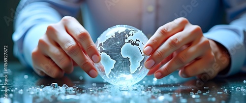 Economic risk concept: Shattered glass under stormy sky symbolizes shifting market and financial disruption. Glass Sphere Representing Economic Recovery Concept in Business Setting