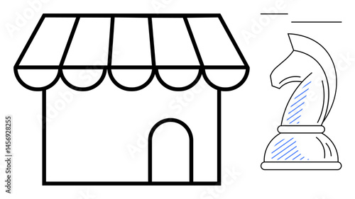 Small storefront with striped awning alongside a chess knight piece symbolizing tactical decisions. Ideal for strategy, business growth, entrepreneurship, commerce, leadership, decision-making