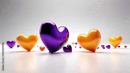 A group of purple and orange hearts on a white surface.