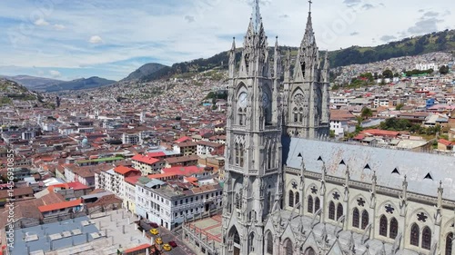Aerial view of the Basilica del Voto Nacional, a neo Gothic Christian Catholic basilica, landmark of Quito, Ecuador Capital city