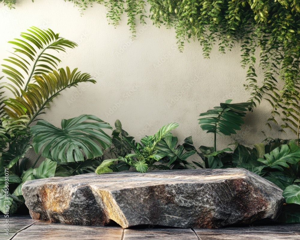 Natural stone platform surrounded by lush greenery. Natural stone platform surrounded by lush greenery.