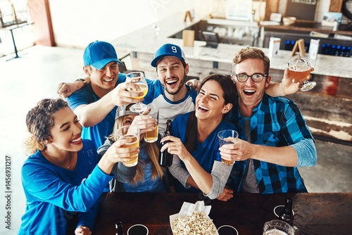 Photography Sports, celebration and friends in pub with beer for support of team, country and winning or success