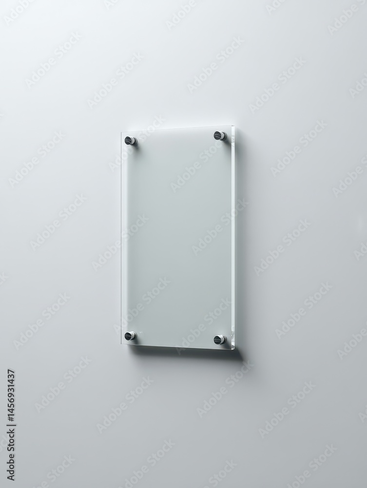 A stunning image of vertical perspective view of a transparent rectangular plexiglass plaque (portrait orientation) mounted on a smooth pastel gray wall with four evenly spaced. A stunning image of vertical perspective view of a transparent rectangular plexiglass plaque (portrait orientation) mounted on a smooth pastel gray wall with four evenly spaced.