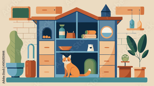 A house with a cat sitting on the front porch. The house is divided into many rooms, including a kitchen, a living room, and a bedroom. There are several cats in the house, and a few bowls