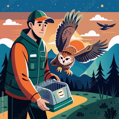 A man holding a cage with an owl in it. The owl is flying in the sky. The man is wearing a green vest