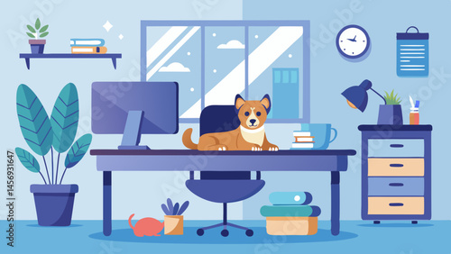A cute dog is laying on a desk in a room with a computer, a clock, and a potted plant. The room has a modern and organized look, with the desk being the main focal point